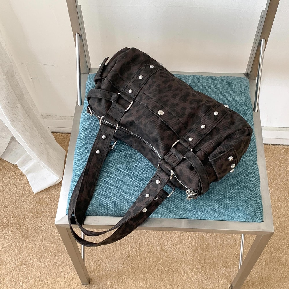 Vintage Leopard Rivet Motorcycle Barrel Messenger Bag Stylish Womens Leopard Shoulder Bag 7