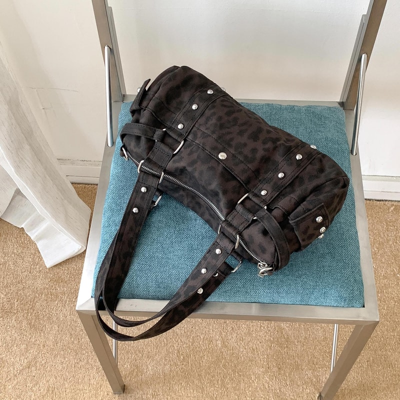 Vintage Leopard Rivet Motorcycle Barrel Messenger Bag Stylish Womens Leopard Shoulder Bag 7