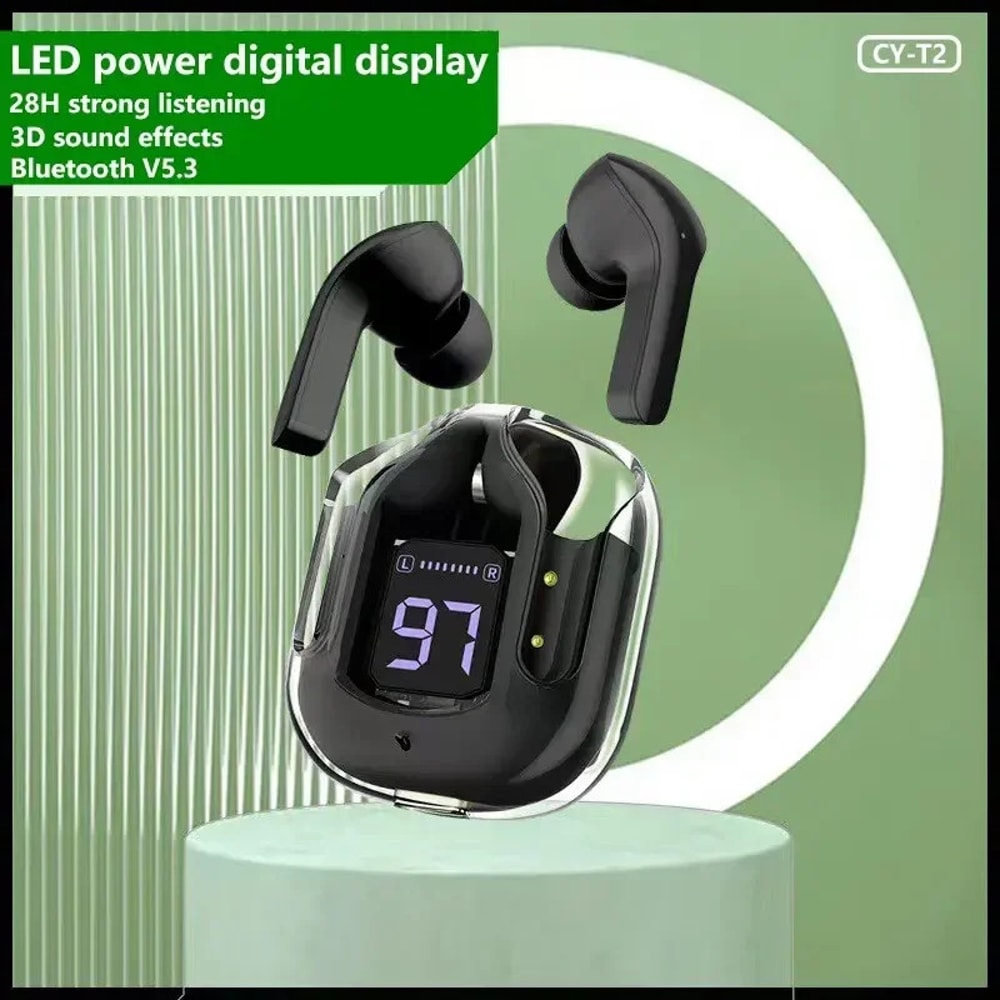 Premium Transparent Bluetooth Earbuds with LED Battery Display & HiFi Stereo Sound
