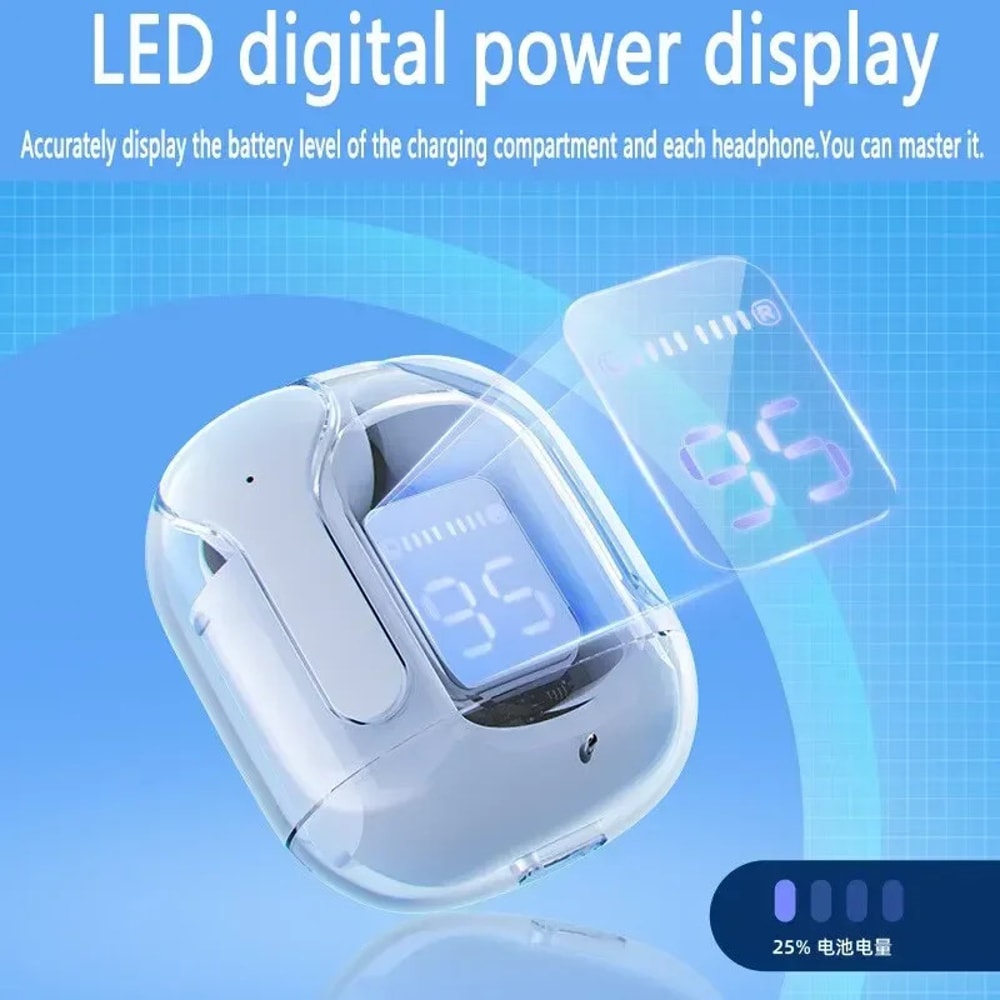 Premium Transparent Bluetooth Earbuds with LED Battery Display & HiFi Stereo Sound