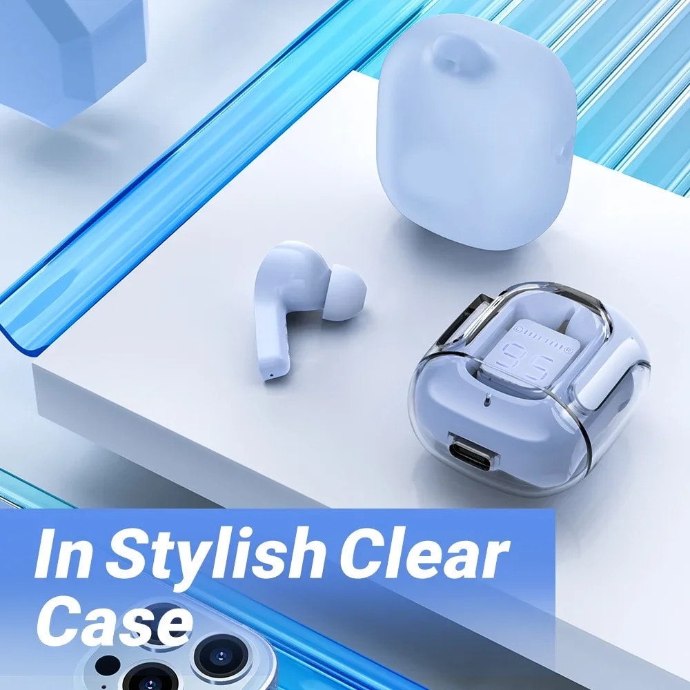 Premium Transparent Bluetooth Earbuds with LED Battery Display & HiFi Stereo Sound