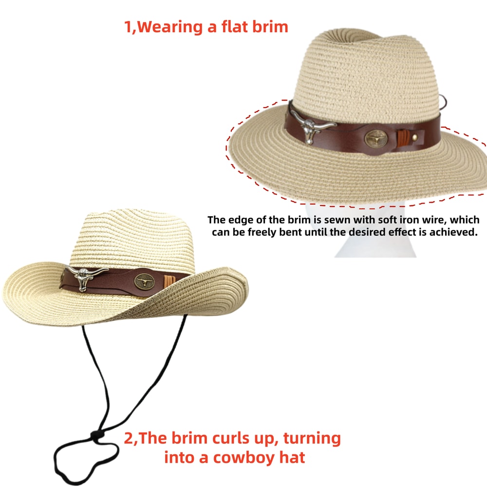 Vintage Unisex Straw Cowboy Hat with Belt Buckle Classic Wide Brim Sun Hat for Outdoor Beach & Holiday