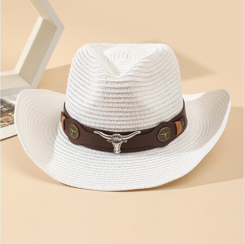 Vintage Unisex Straw Cowboy Hat with Belt Buckle Classic Wide Brim Sun Hat for Outdoor Beach & Holiday
