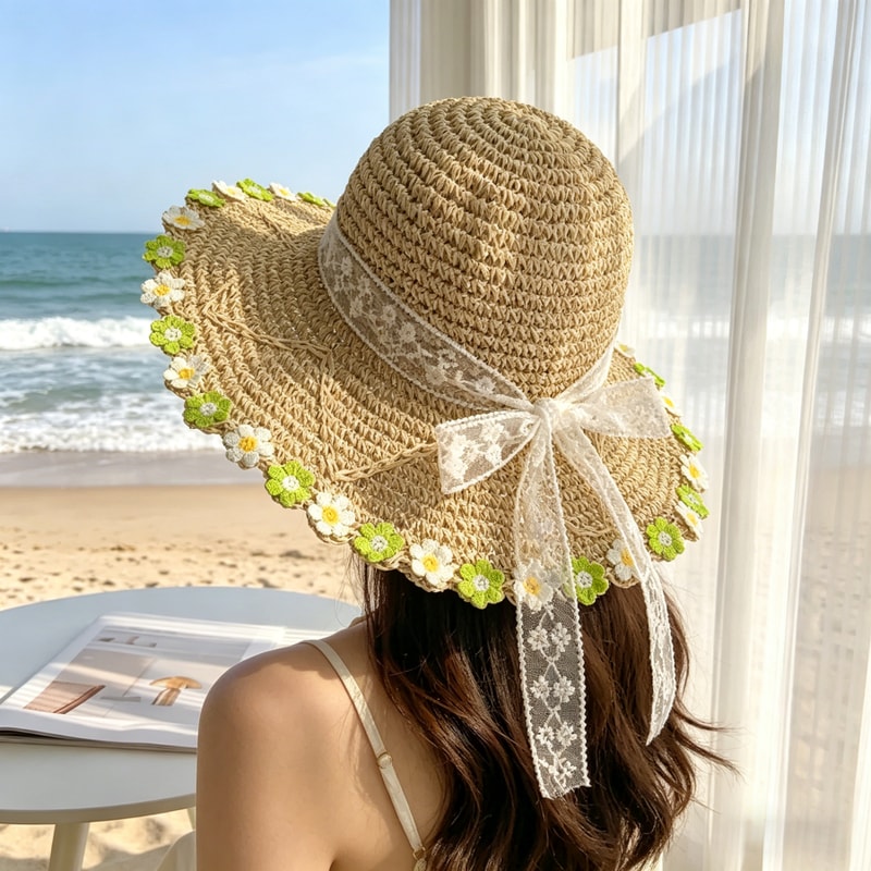 Stylish Womens Daisy Wide Brim Sun Hat Breathable Straw Beach Hat For Summer Sun Protection 2