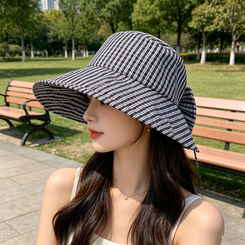 Retro Plaid Foldable Wide Brim Sun Hat With Bow Stylish UV Protection 2