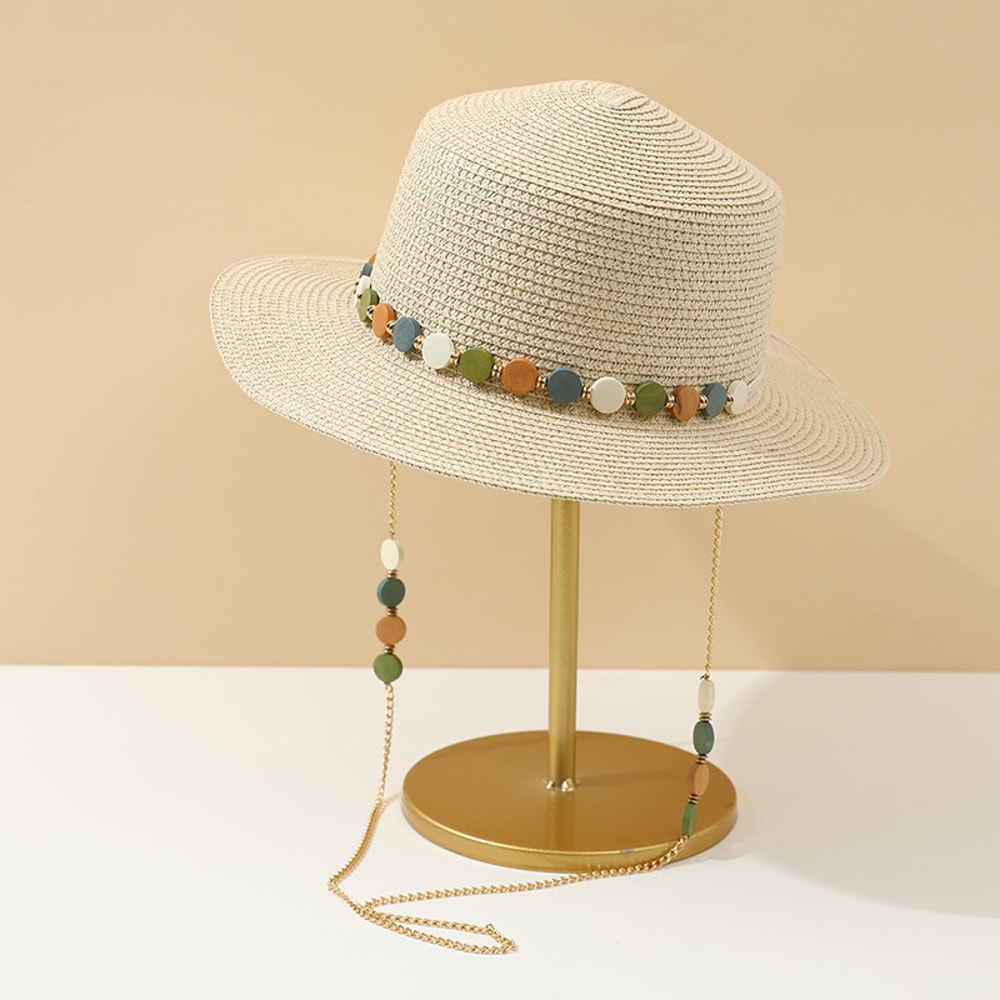 Vintage Woven Straw Sun Hat With Colorful Stone Chain Stylish Summer Beach Hat Vacation Sun Protec 6