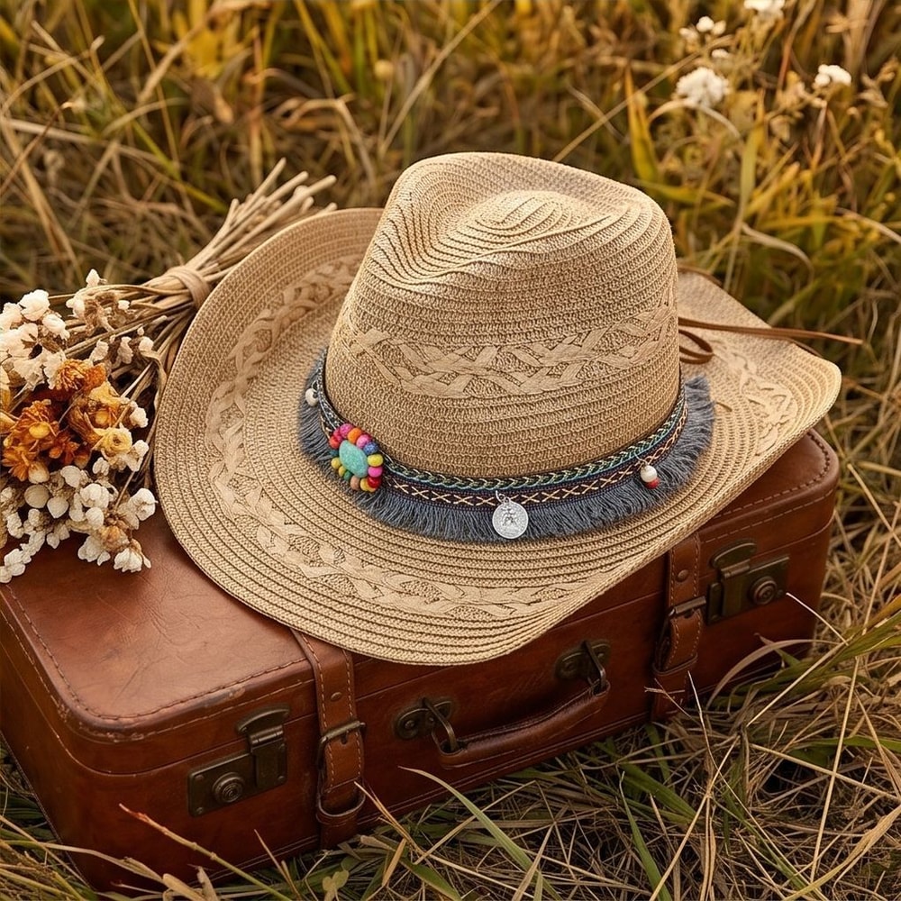 Ethnic Woven Cowboy Straw Hat With Wide Brim For Summer Sun Protection 3
