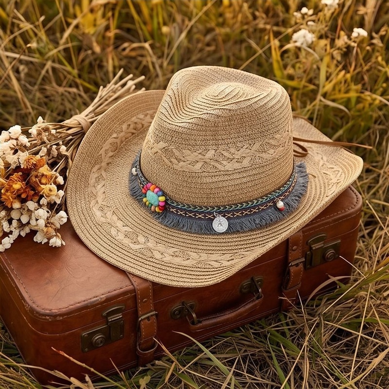 Ethnic Woven Cowboy Straw Hat With Wide Brim For Summer Sun Protection 3