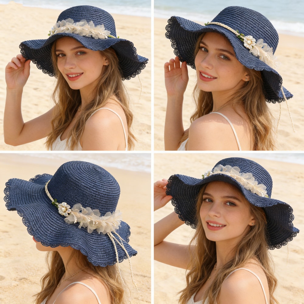 French Elegance Wide Brim Straw Sun Hat Floral Summer Sun Protection Slimming Beach Hat For Women 1