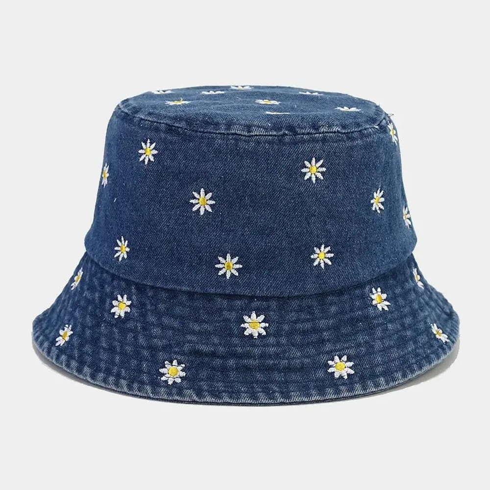Daisy Embroidered Denim Bucket Hat For Women Sun Protection Travel Style 3
