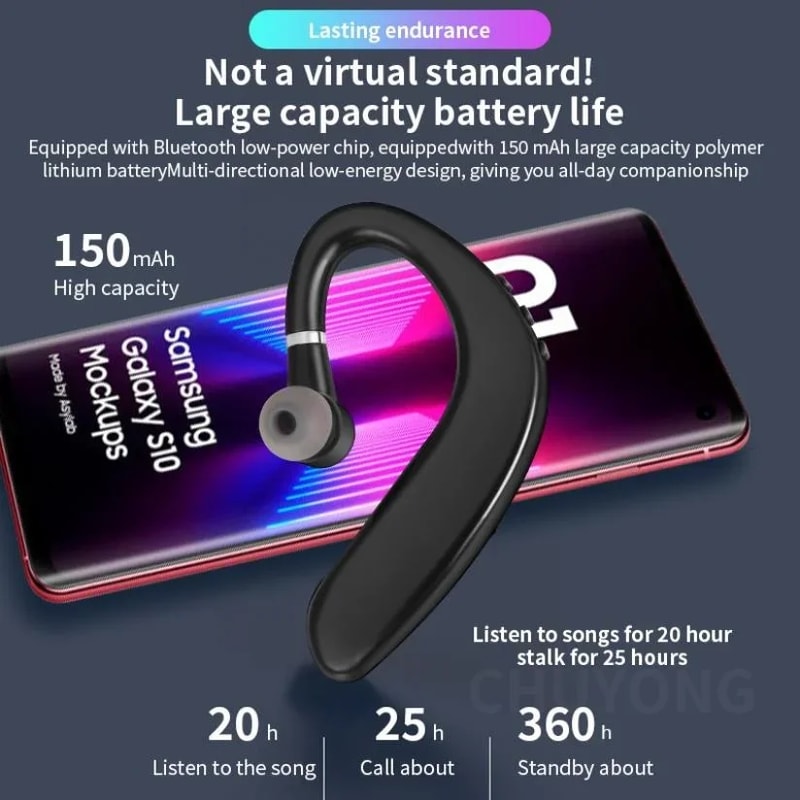 Wireless Bluetooth Single Ear Hook Sports & Business Headset with Mic