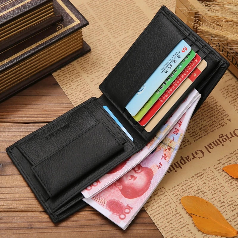 Premium Real Cowhide Mens Wallet Short Black Leather Wallet 1