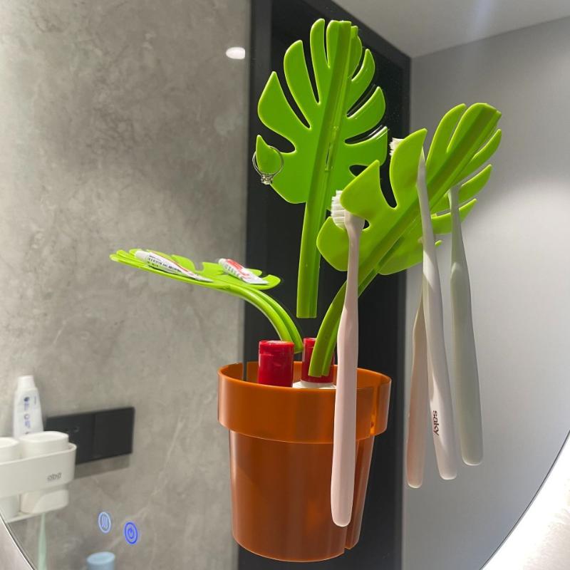 Monstera Bathroom Organizer With Mirror Jewelry Watch And Toothbrush Storage 3