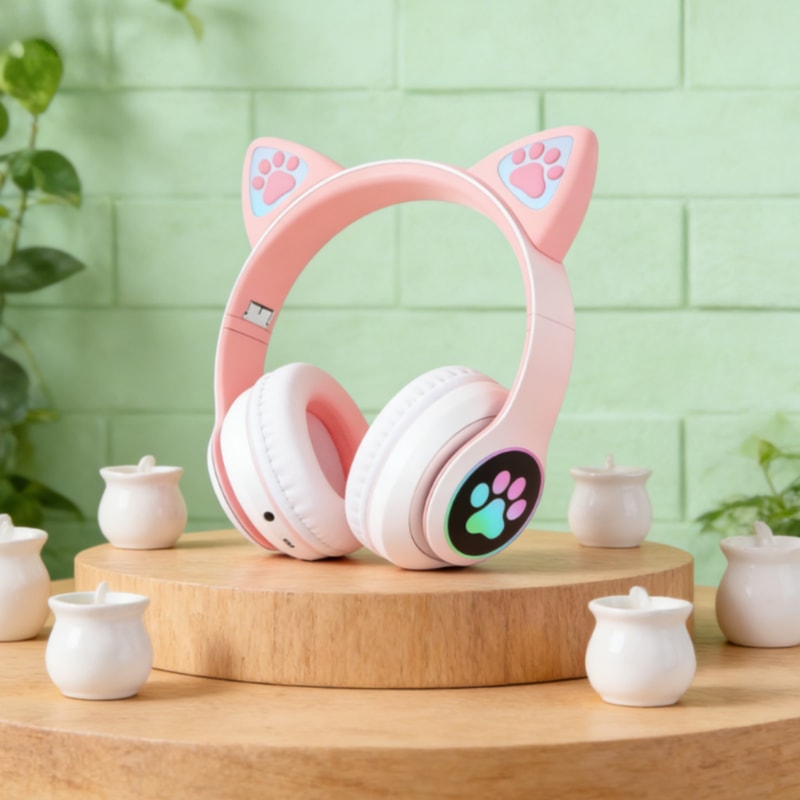 Cute Cat Wireless Headphones with RGB Lights and Noise Cancelling Mic
