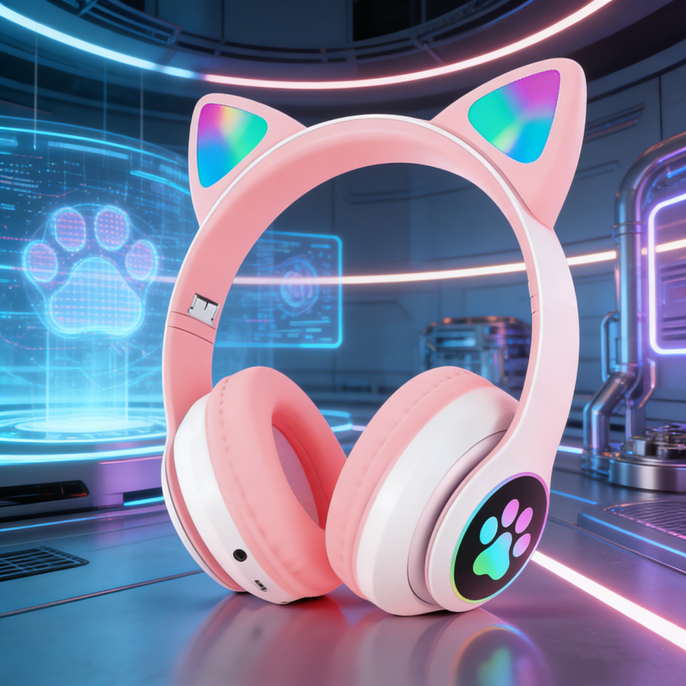 Cute Cat Wireless Headphones with RGB Lights and Noise Cancelling Mic