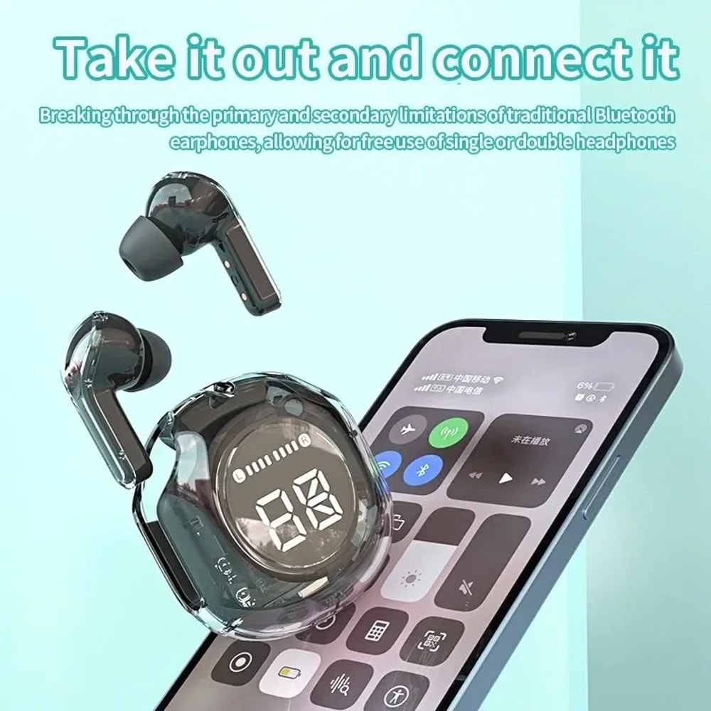 Transparent Bluetooth Earbuds with LED Display Wireless In Ear Earphones