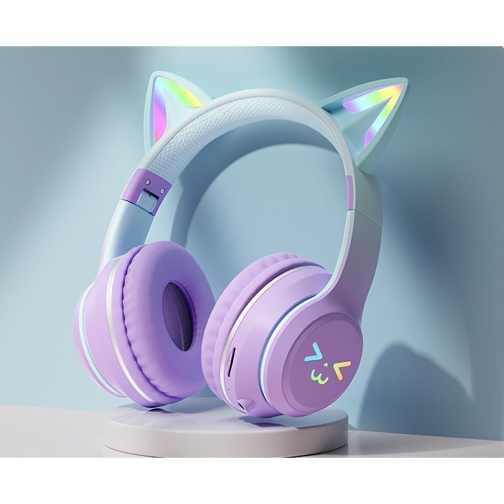 Cute Cat Ear Bluetooth Headphones with LED Lights for Kids & Girls