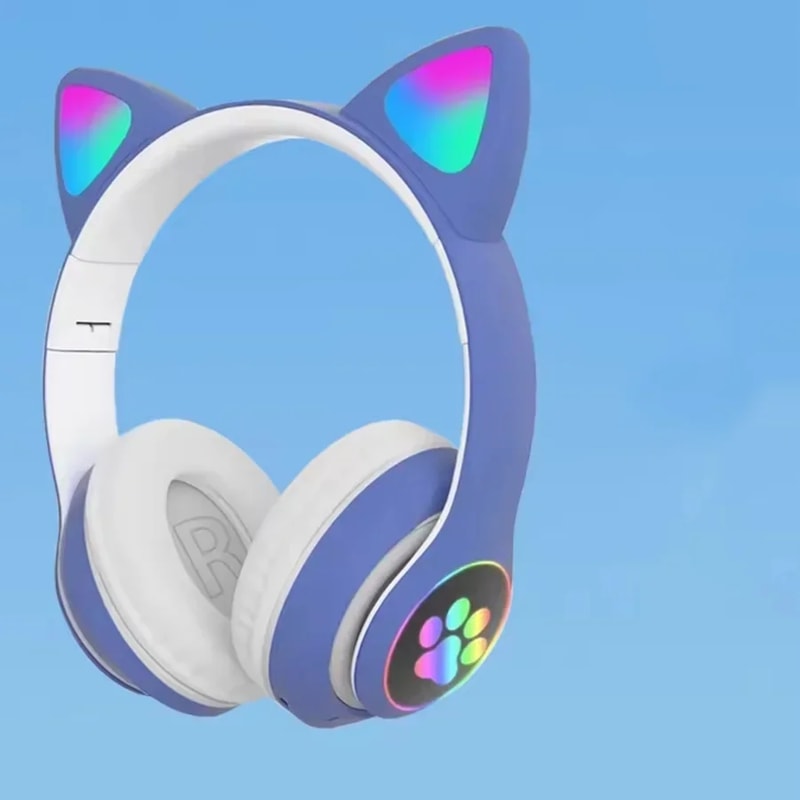 Cute Cat Wireless Headphones with RGB Ears & Noise Cancelling Microphone for Kids