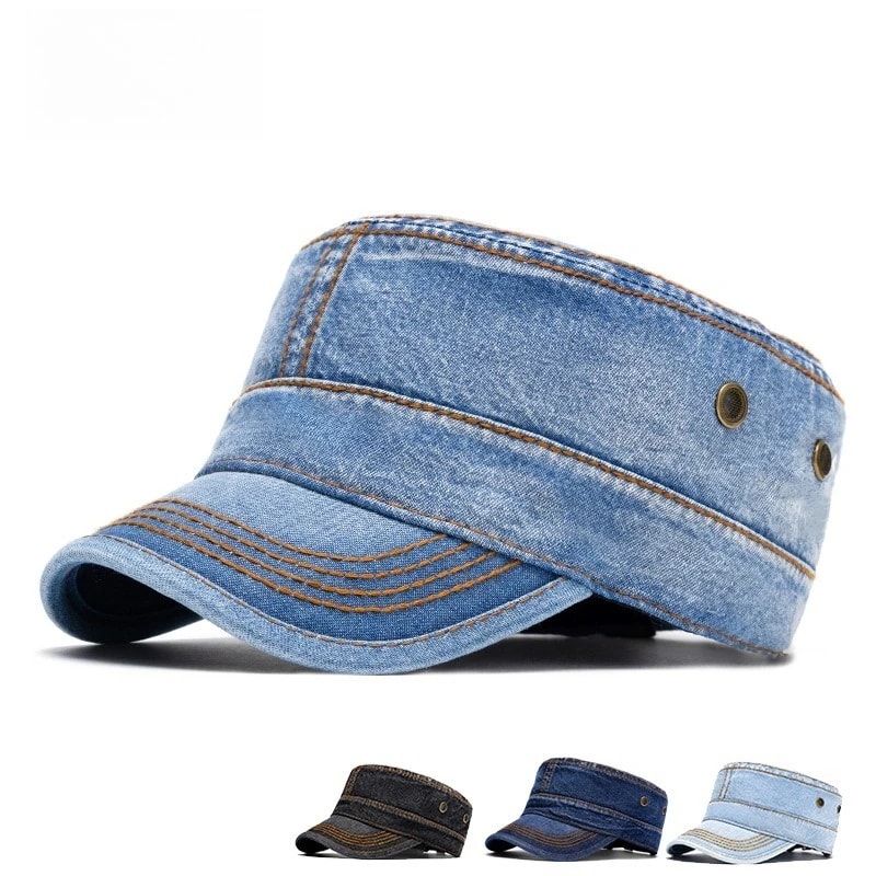 Flat Top Military Cap Washed Denim Duckbill Sun Hat For Large Head Fit 0