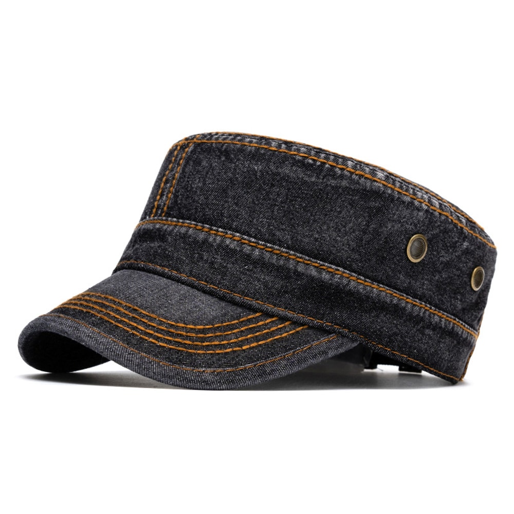 Flat Top Military Cap Washed Denim Duckbill Sun Hat For Large Head Fit 4