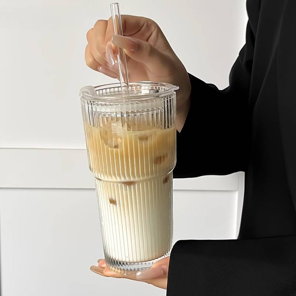 Ribbed Glass Tumbler with Lid and Straw