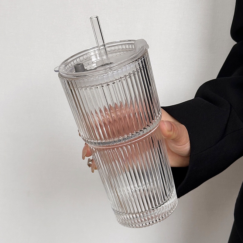Ribbed Glass Tumbler with Lid and Straw