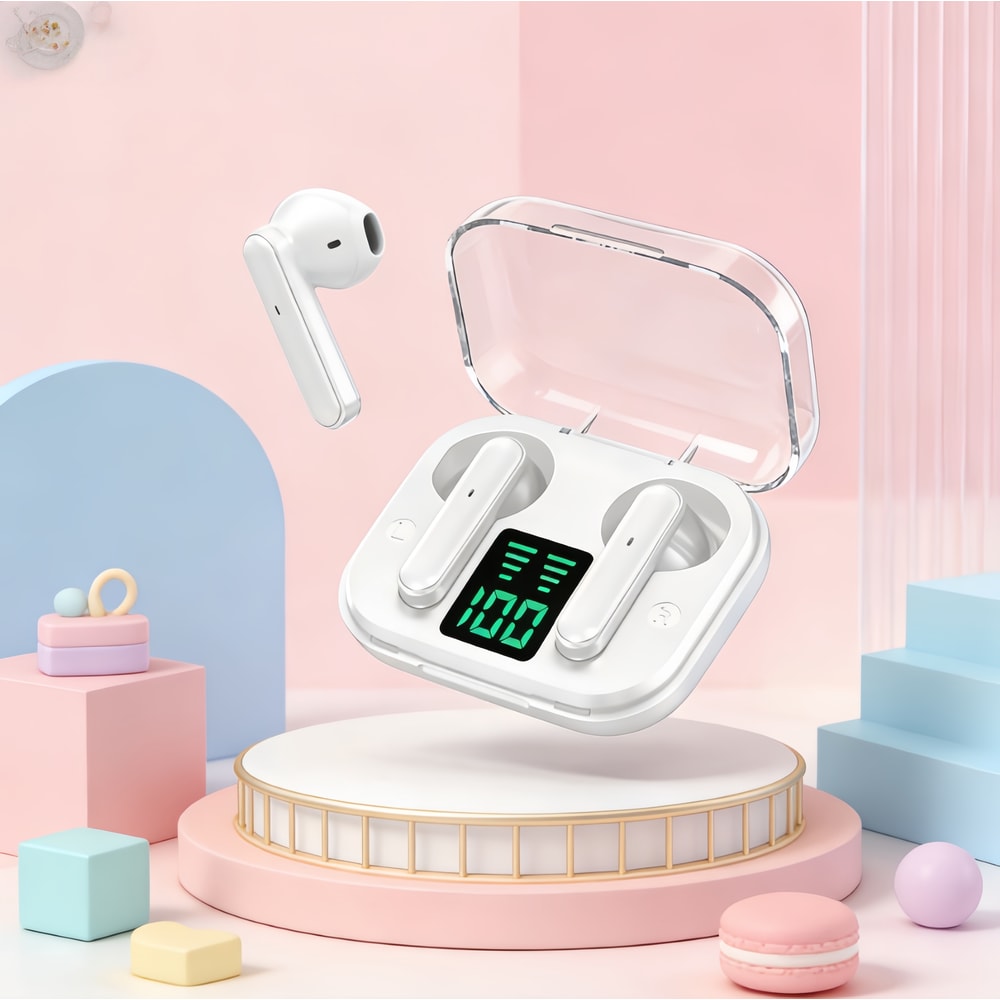 Transparent ENC Wireless Earbuds with LED Power Display and Bluetooth