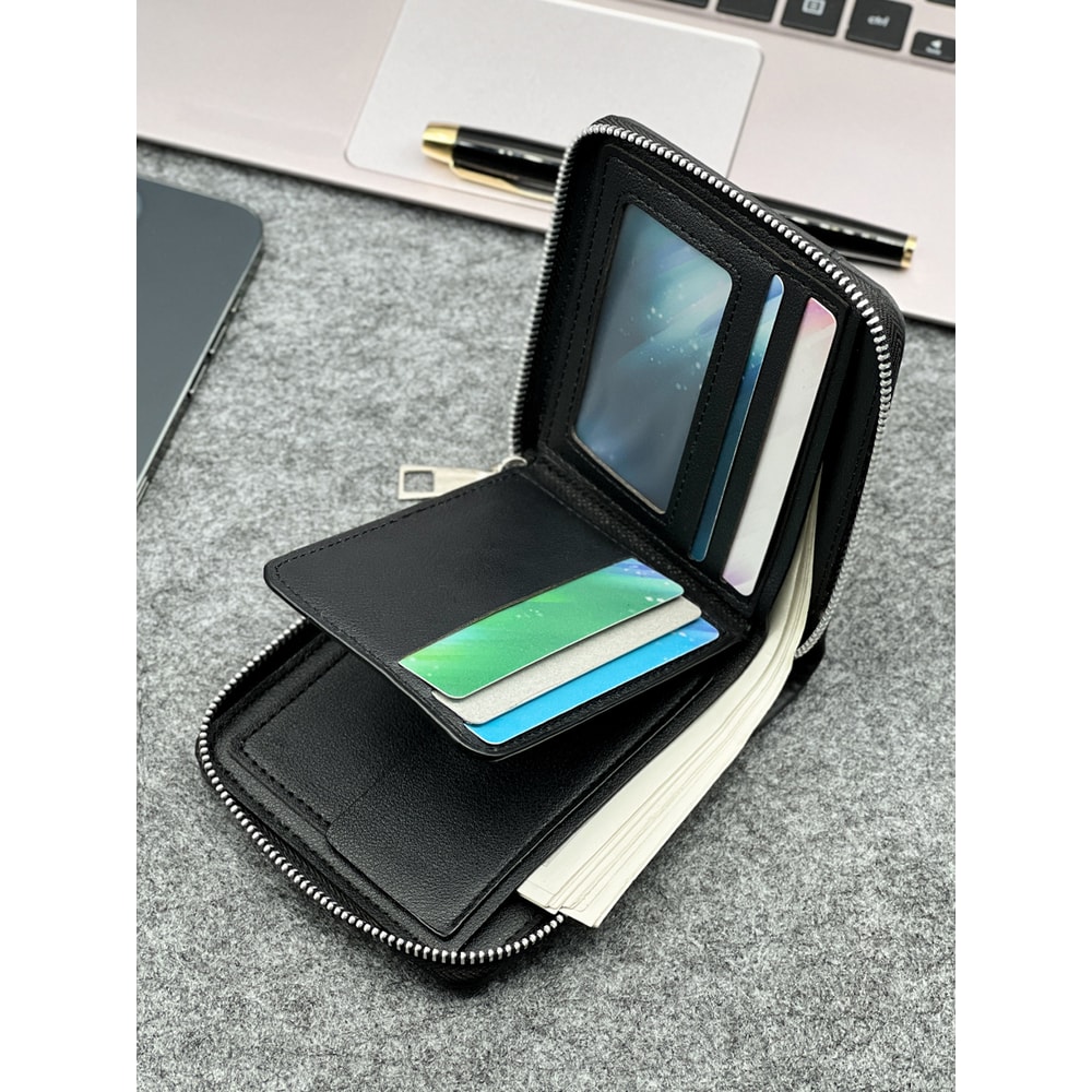 Slim Mens Zippered PU Wallet With Coin Pocket And Compact Card Holder 0