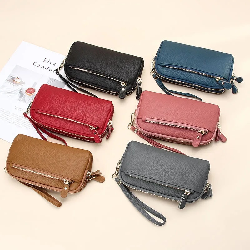 Premium Womens Genuine Leather Wallet Double Zip Clutch Purse Phone Wristlet 0