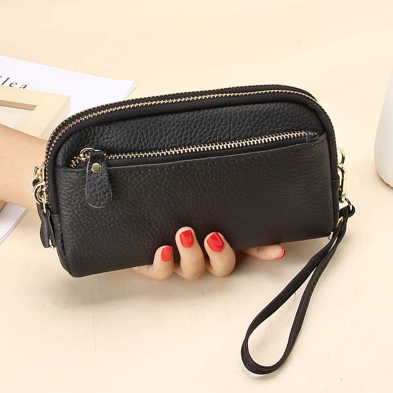 Premium Womens Genuine Leather Wallet Double Zip Clutch Purse Phone Wristlet 5