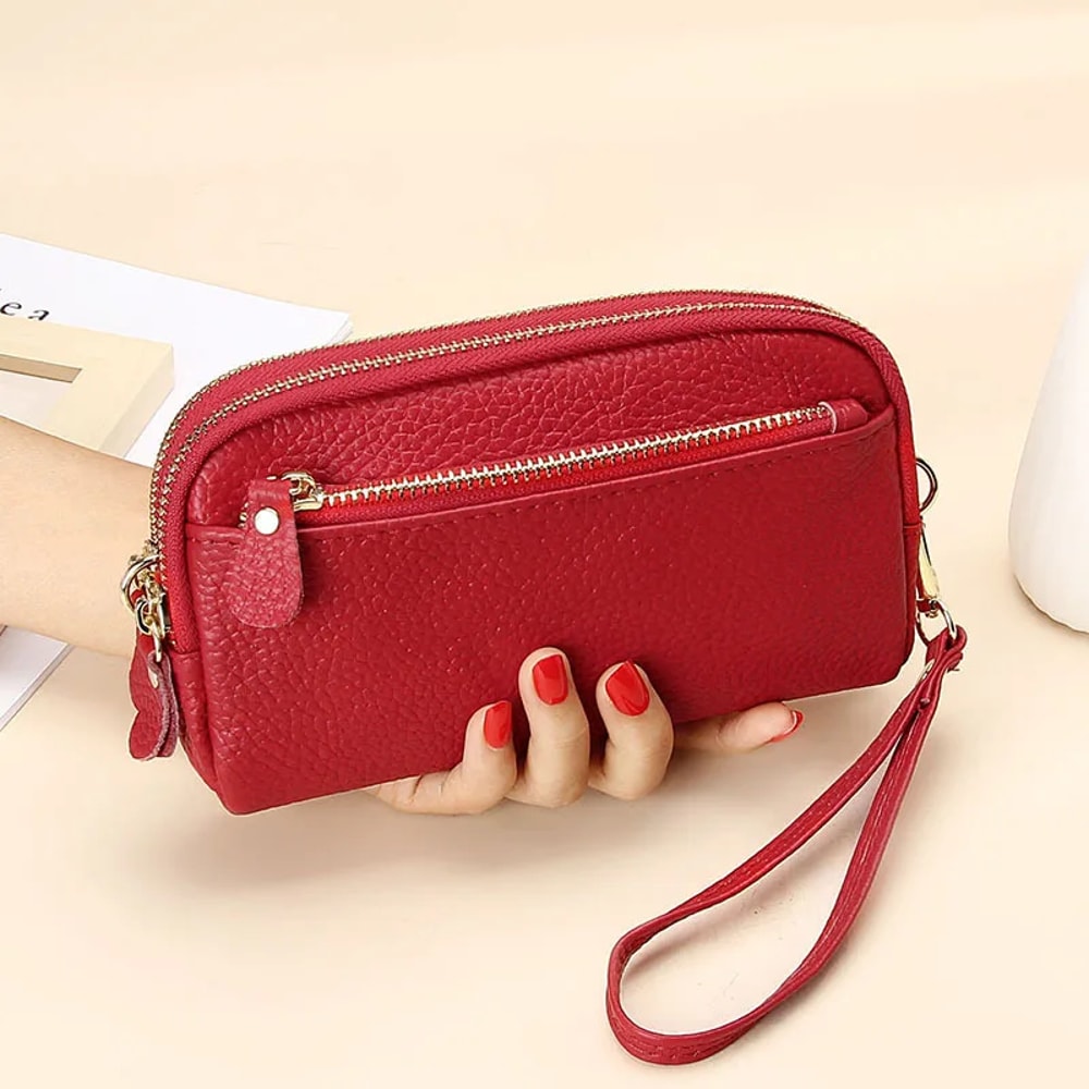 Premium Womens Genuine Leather Wallet Double Zip Clutch Purse Phone Wristlet 6