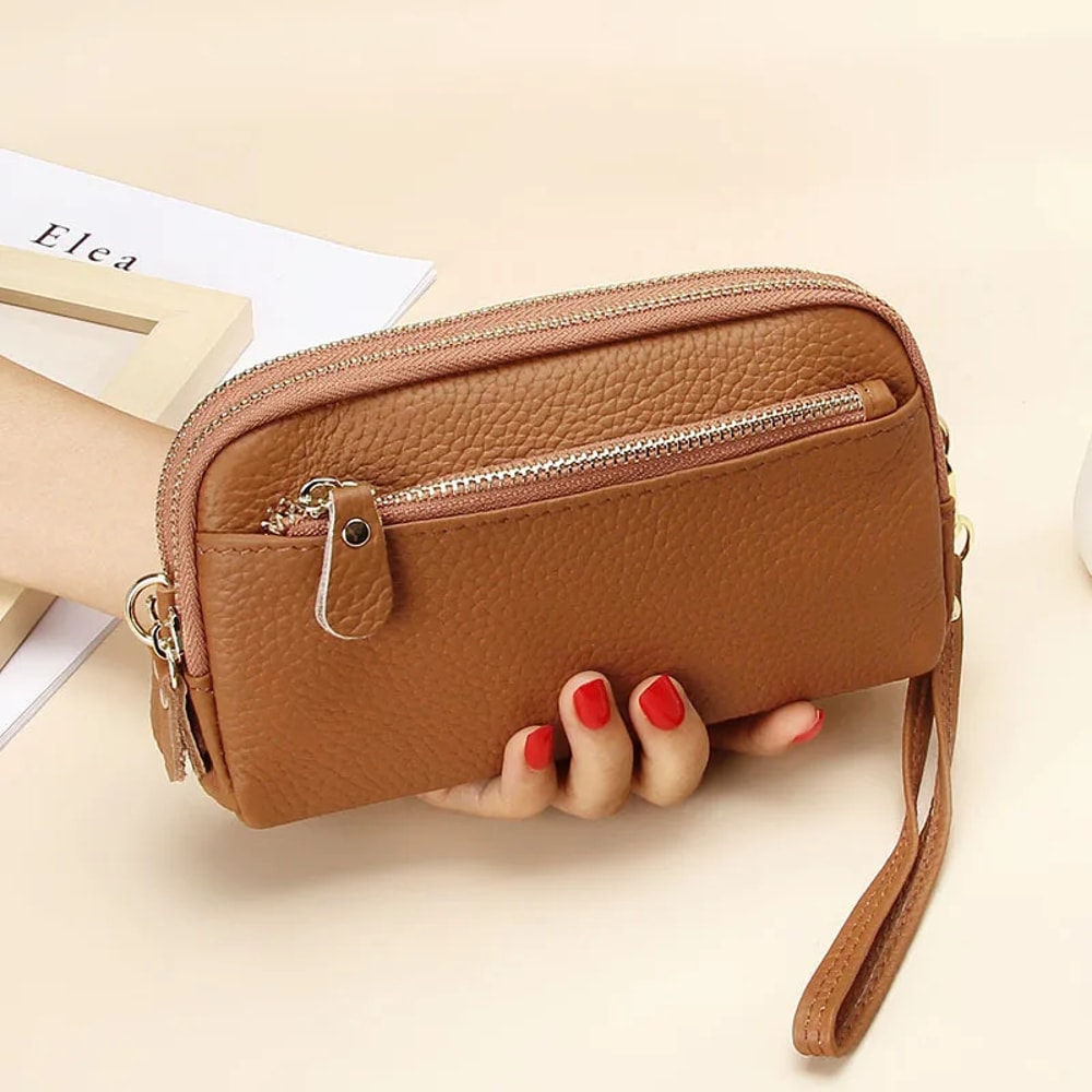 Premium Womens Genuine Leather Wallet Double Zip Clutch Purse Phone Wristlet 7
