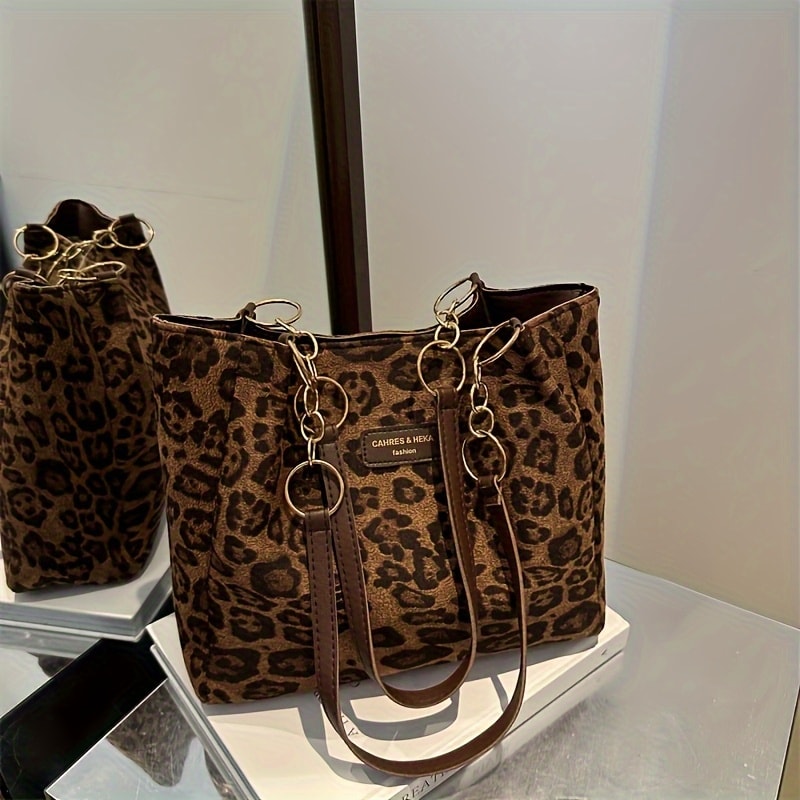 Vintage Leopard Print PU Tote Bag for Women