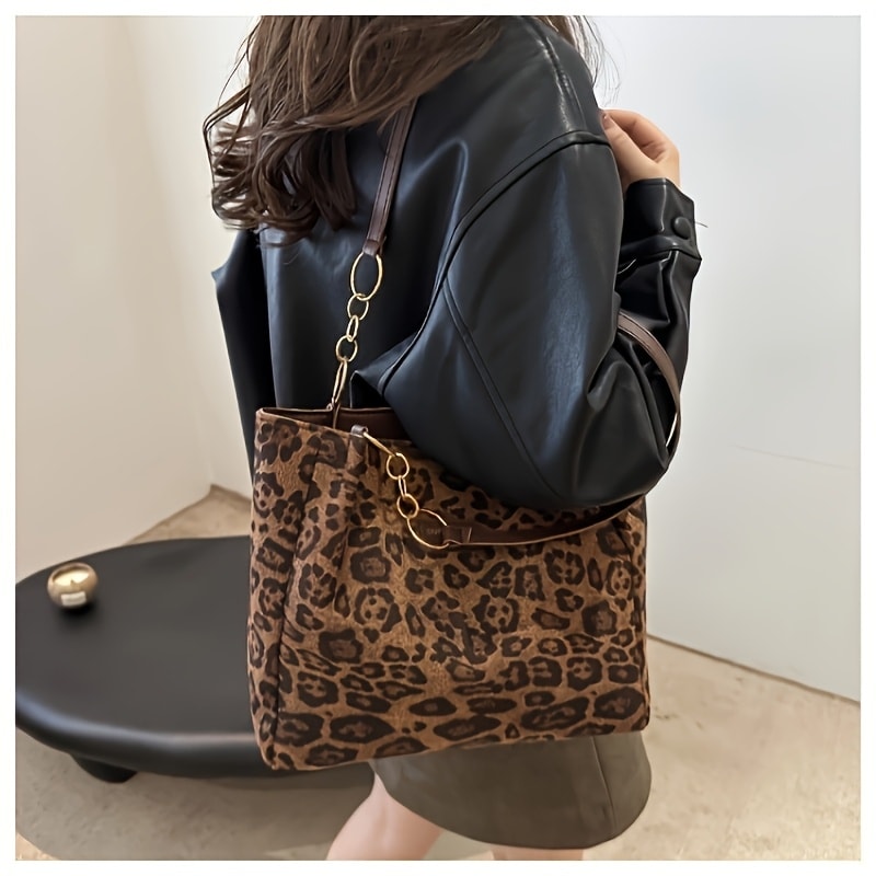 Vintage Leopard Print PU Tote Bag for Women