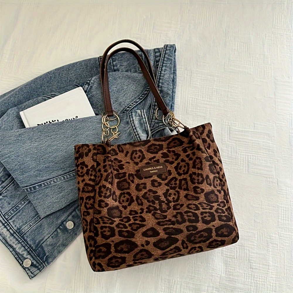 Vintage Leopard Print PU Tote Bag for Women
