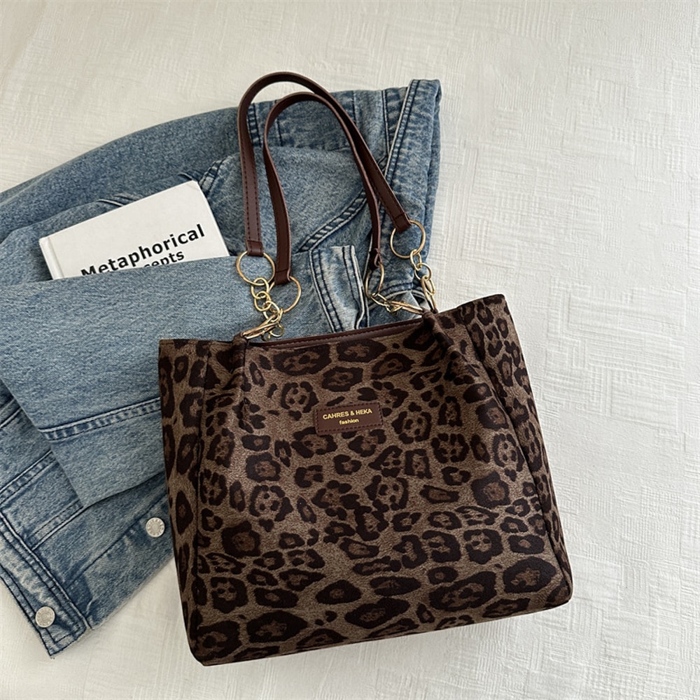 Vintage Leopard Print PU Tote Bag for Women