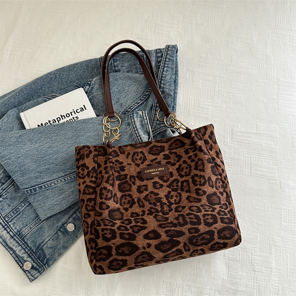 Vintage Leopard Print PU Tote Bag for Women