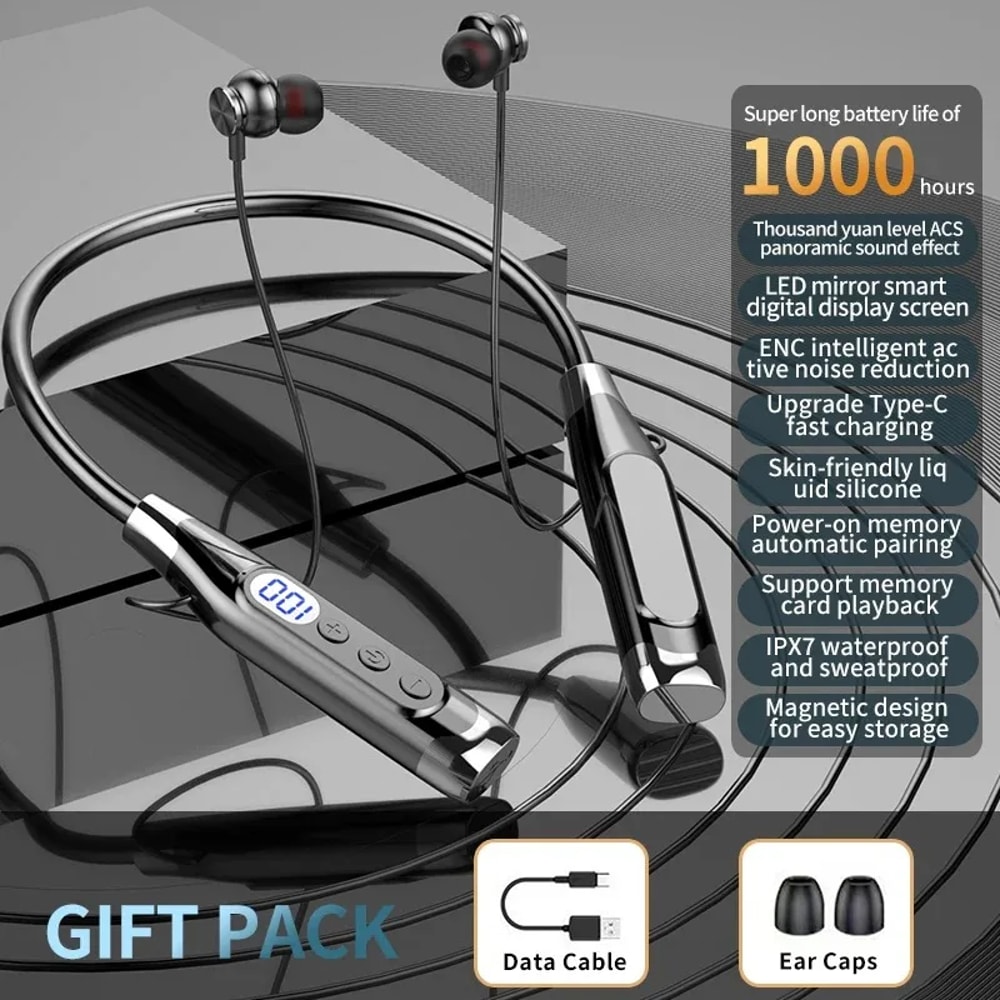Wireless Bluetooth Neckband Earphones Long Battery Headphones With TF Card Support 5
