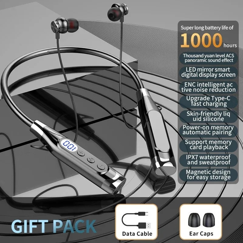 Wireless Bluetooth Neckband Earphones Long Battery Headphones With TF Card Support 5