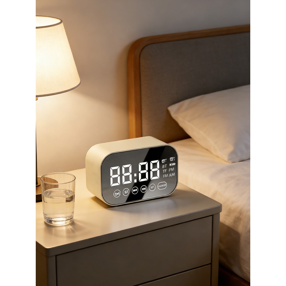 Mirror Bluetooth Speaker Alarm Clock with Dual Alarms and FM Radio