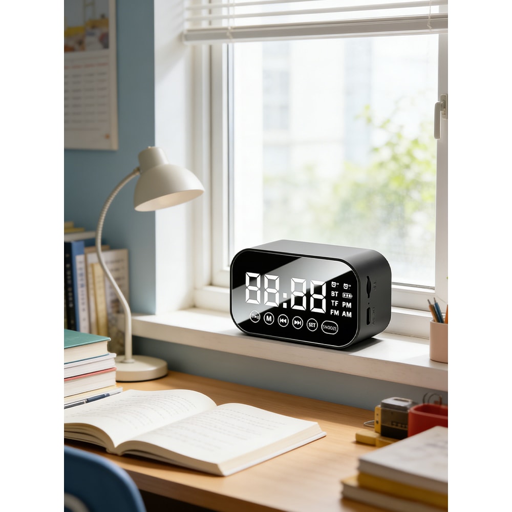Mirror Bluetooth Speaker Alarm Clock with Dual Alarms and FM Radio