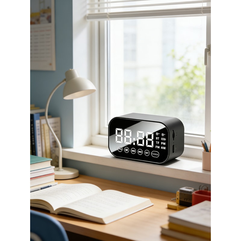 Mirror Bluetooth Speaker Alarm Clock with Dual Alarms and FM Radio