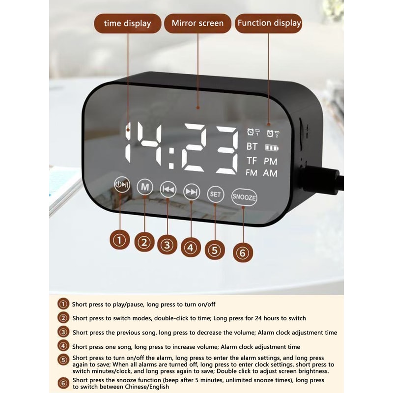 Mirror Bluetooth Speaker Alarm Clock with Dual Alarms and FM Radio