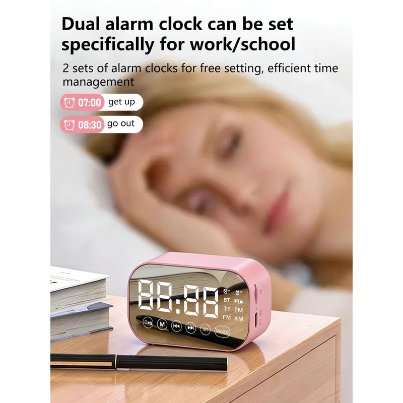 Mirror Bluetooth Speaker Alarm Clock with Dual Alarms and FM Radio