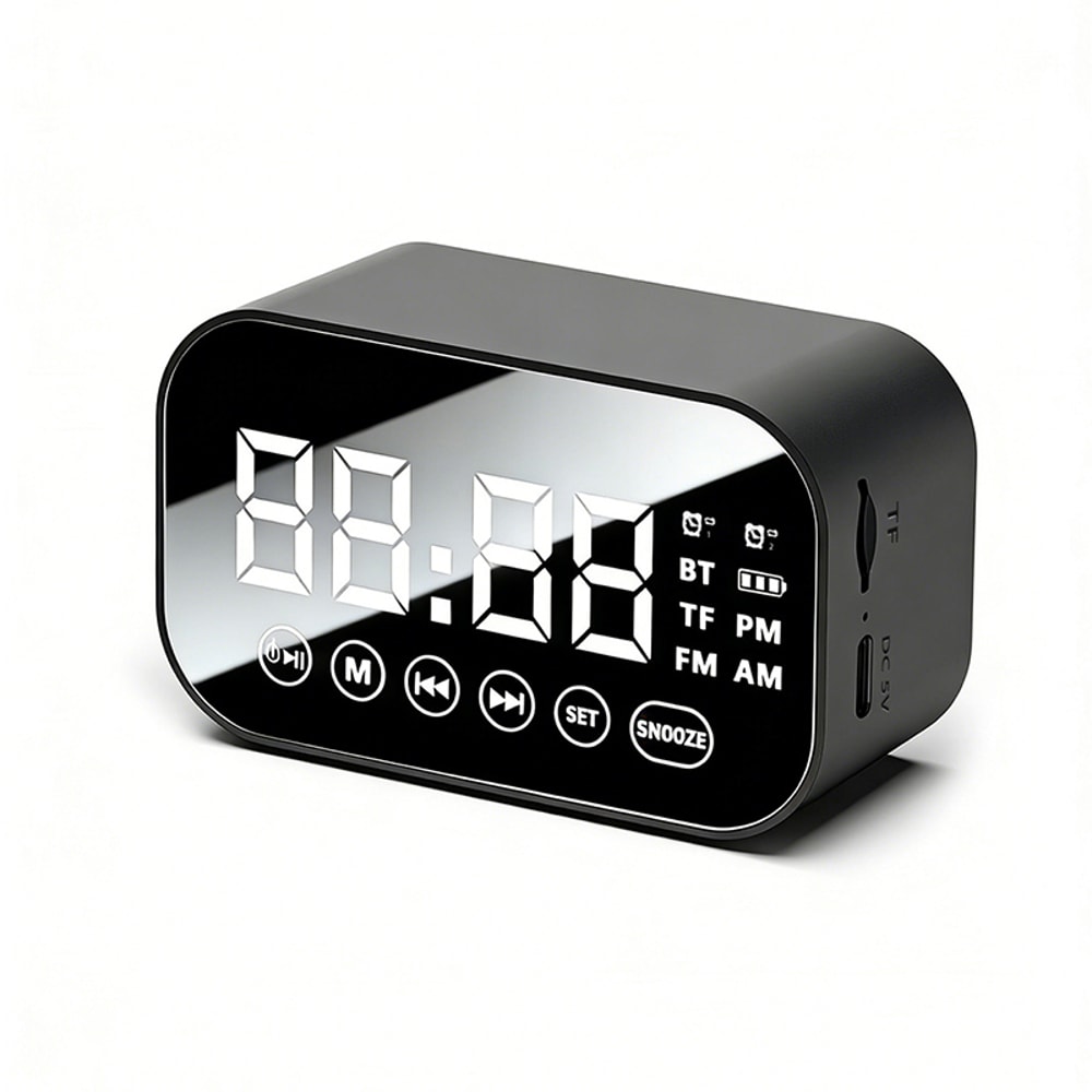 Mirror Bluetooth Speaker Alarm Clock with Dual Alarms and FM Radio