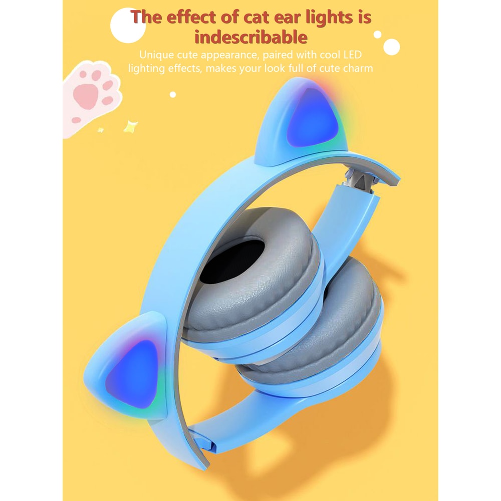 LED Glowing Cat Ear Wireless Over Ear Headphones Foldable Bluetooth Headset