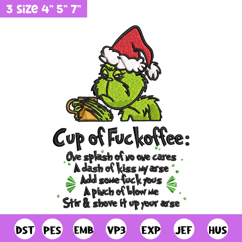 Cup of fuckoffee grinch Embroidery design, Grinch christmas Embroidery, Embroidery File, Grinch design, Instant download.jpg