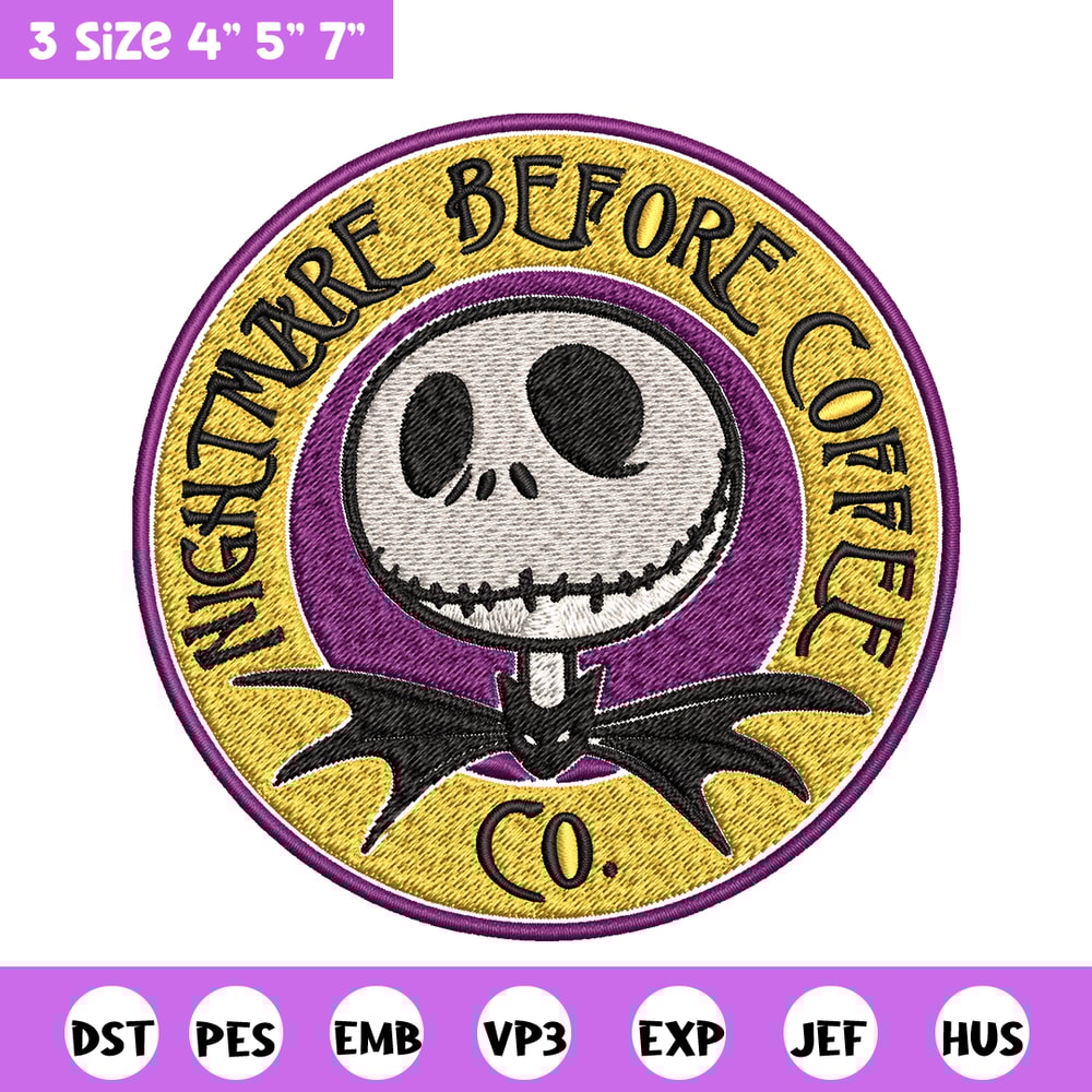 Nightmare before coffee Embroidery design, jack skellington Embroidery, Embroidery File, Horror design, Digital download.jpg