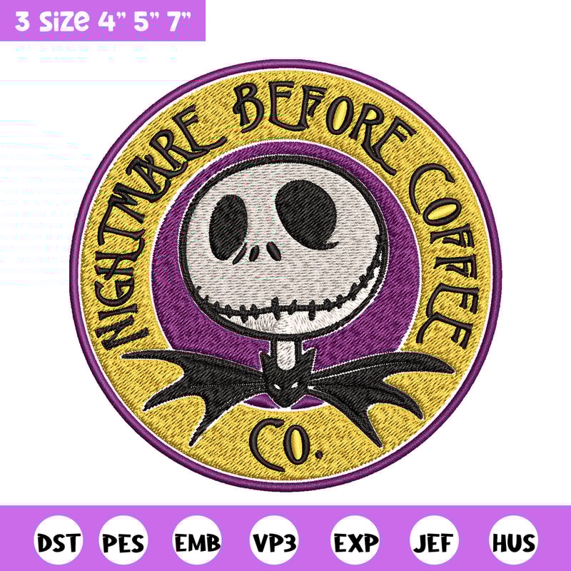Nightmare before coffee Embroidery design, jack skellington Embroidery, Embroidery File, Horror design, Digital download.jpg
