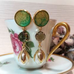 Handmade long dangle white pearl gold plated stud statement earrings, bridal jewelry, wedding jewelry